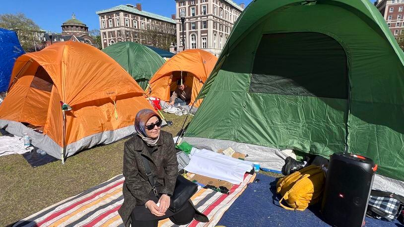 Nahla Al-Arian visits the pro-Palestinian protesters encampment on the campus of Columbia University, Thursday, April 25, 2024, in New York. (Laila Al-Arian via AP)