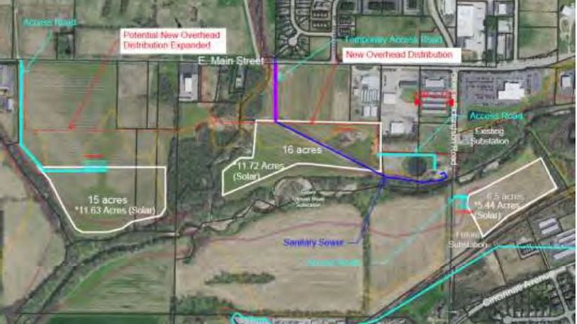 Here is a consultant's rendering of where Lebanon can place three solar arrays near the Glosser Road substation. The proposed $13.4 million project would help the city diversify its sources of electricity and provide savings for the city and its ratepayers. The projected cost of the proposed solar arrays will also be reduced by 30% through a federal government direct pay program. CONTRIBUTED/CITY OF LEBANON