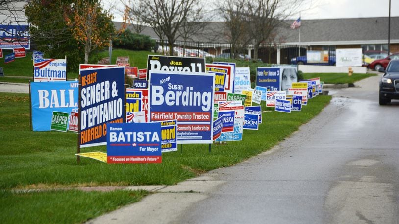 The entrance to the Butler County Board of Elections is always populated with political campaign signs during any given season. For the 2020 election season, campaign signs and digital and social media campaigning will be the primary way for candidates to get their names out in front of voters. Pictured is the elections office ahead of the November 2017 general election. MICHAEL D. PITMAN/FILE