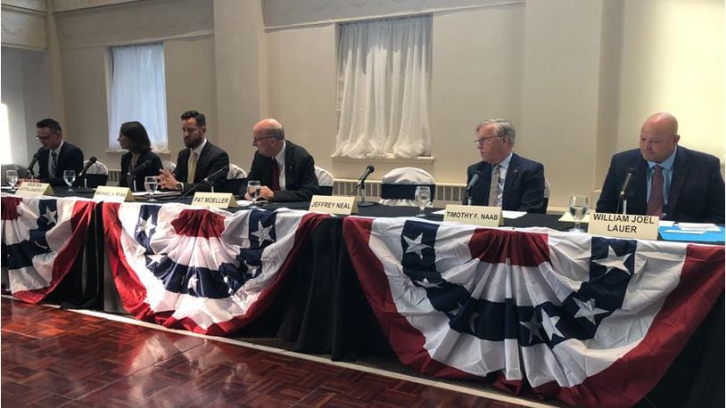 Five candidates for Hamilton City Council, plus Mayor Pat Moeller, running against a write-in candidate, participated in a candidates forum Thursday. MIKE RUTLEDGE/STAFF