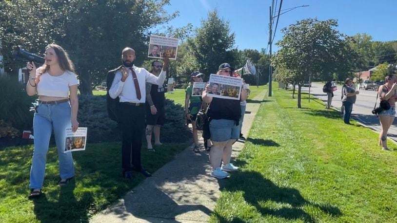 Protesters complained on Friday, Sept. 1, 2023, about Fairfield’s 2021 tax incentive agreement with Koch Foods as they embarked on a $220 million expansion project that opened in February 2023. MICHAEL D. PITMAN/STAFF