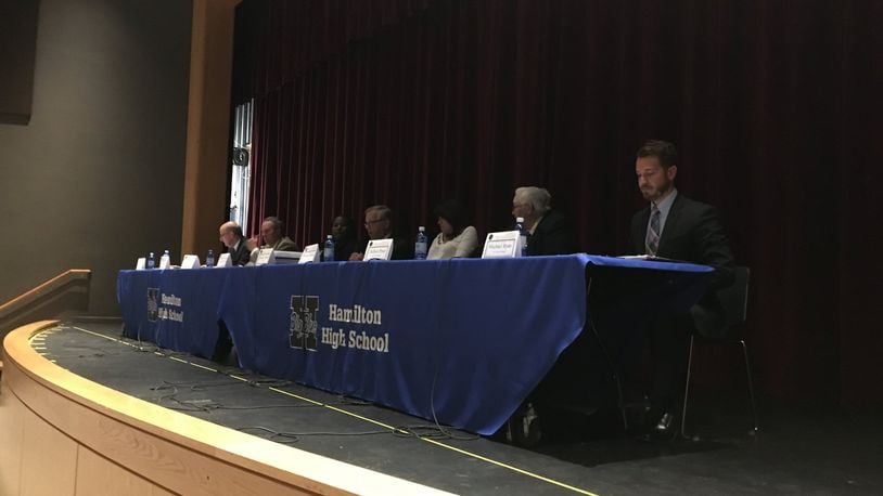 Candidates for Hamilton City Council participated Tuesday in a forum presented by a Hamilton High School student organization. MIKE RUTLEDGE / STAFF