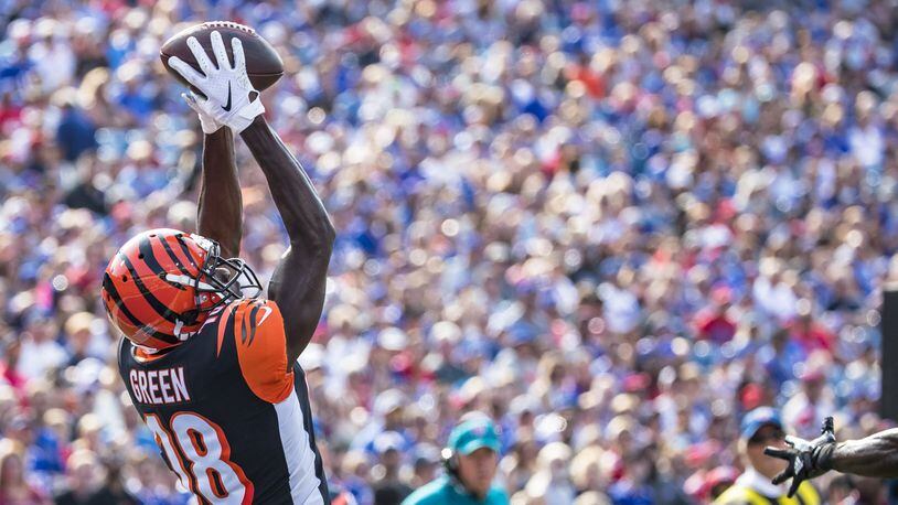 ORCHARD PARK, NY - AUGUST 26: A.J. Green #18 of the Cincinnati Bengals makes a leaping touchdown reception during the first quarter of a preseason game against the Buffalo Bills at New Era Field on August 26, 2018 in Orchard Park, New York. (Photo by Brett Carlsen/Getty Images)