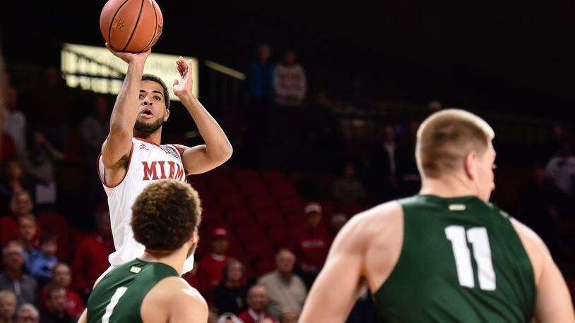 Miami’s Darrian Ringo puts up a shot during their game against Wright State Tuesday, Nov. 14 at Millett Hall on the Miami University Campus in Oxford. NICK GRAHAM/STAFF