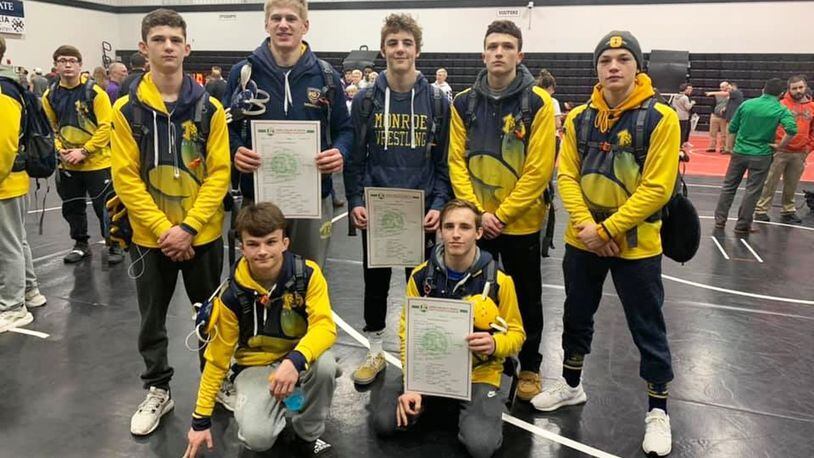 Monroe wrestlers (back row, from left): Micheal Frederickson, Will Striet, Sam Price, Kyle Mink, Alex Pitsch. Bottom row: Caleb Thomas, Spencer Haman. CONTRIBUTED PHOTO