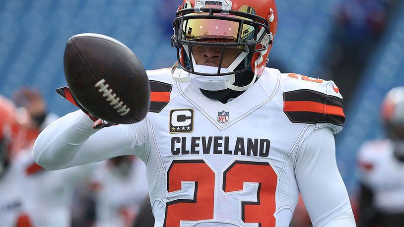 ORCHARD PARK, NY - DECEMBER 18: Joe Haden #23 of the Cleveland Browns warms up before the first half against the Buffalo Bills at New Era Field on December 18, 2016 in Orchard Park, New York. (Photo by Tom Szczerbowski/Getty Images)