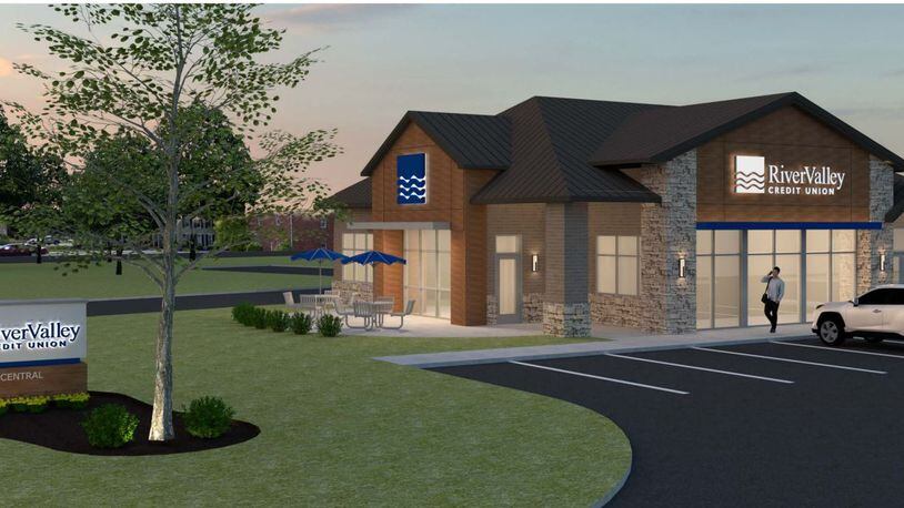 This is an artist's concept rendition of what the proposed River Valley Credit Union branch in Springboro could look like. River Valley is proposing to demolish the current branch and build a new building at its site located at 25 W. Central Ave. Ground breaking could happen in April or May pending final approvals of the Springboro Planning Commission. CONTRIBUTED/CITY OF SPRINGBORO PLANNING COMMISSION