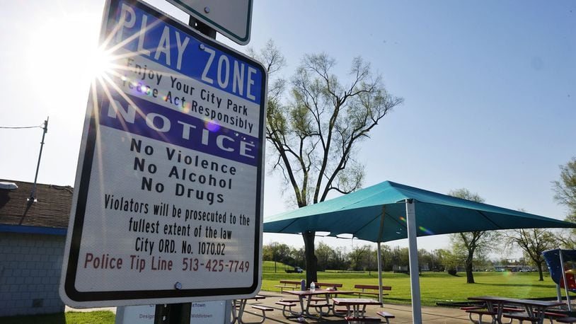 Two people were shot late Sunday night, April 14, 2024, in Middletown’s Douglass Park, according to Middletown Police Sgt. Earl Nelson. The incident happened about 11:5 p.m. near the splash pads portion of the park located on Minnesota Street.  NICK GRAHAM/STAFF