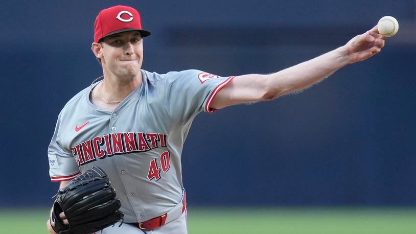 Cincinnati Reds starting pitcher Nick Lodolo works against a San Diego Padres batter during the first inning of a baseball game, Monday, April 29, 2024, in San Diego. (AP Photo/Gregory Bull)