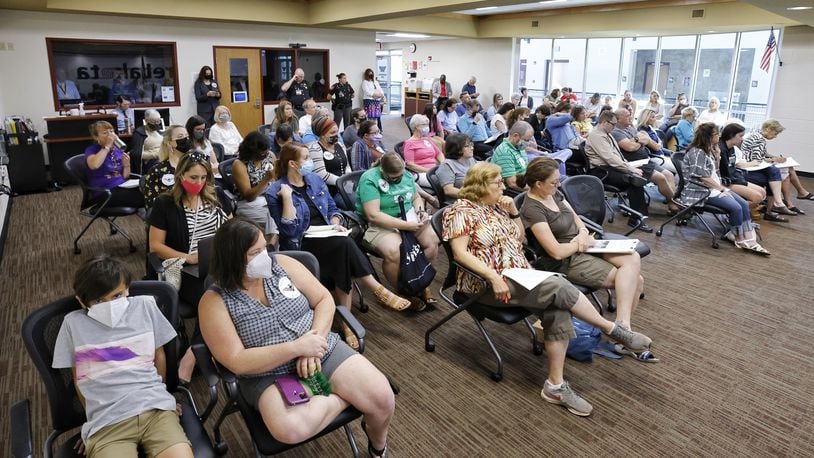 Community members voiced their concerns on masking versus not masking students for the upcoming school year during a Lakota Schools Board of Education meeting Thursday morning, Aug. 5, 2021 at Lakota Plains Junior School. NICK GRAHAM / STAFF
