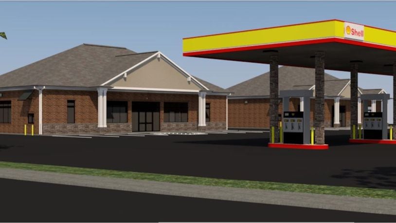 A gasoline canopy that shelters four refueling pumps and two business buildings, each with a drive-thru window, is planned for what now is an undeveloped lot at Central Avenue and Knightsbridge Drive. PROVIDED