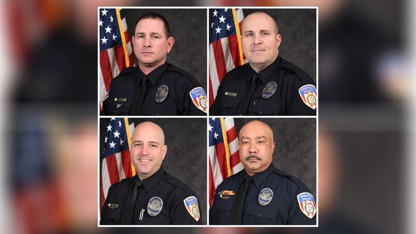 Pictured are the school resource officers from the Fairfield Police Department for the 2019-2020 school year. Clockwise from top left, Officer Rob Corner will be the school resource officer at Fairfield High School, Officer Craig Singleton will be the school resource officer at Fairfield Freshman School, Officer Todd Adamson will be the school resource officer at Crossroads Middle School and Officer Kevin Mack will be the school resource officer at Creekside Middle School. PROVIDED