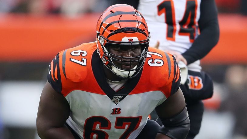 CLEVELAND, OHIO - DECEMBER 08: John Miller #67 of the Cincinnati Bengals plays against the  Cleveland Browns at FirstEnergy Stadium on December 08, 2019 in Cleveland, Ohio. (Photo by Gregory Shamus/Getty Images)