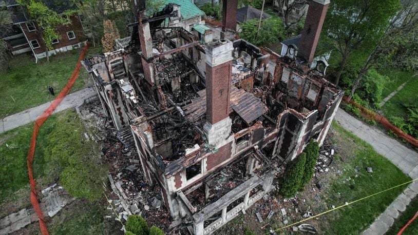 The Louis Traxler Mansion, a West Dayton property that is part of the National Register of Historic Places, went unsold at auction after it was badly damaged by fire early Sunday morning April 23. JIM NOELKER/STAFF